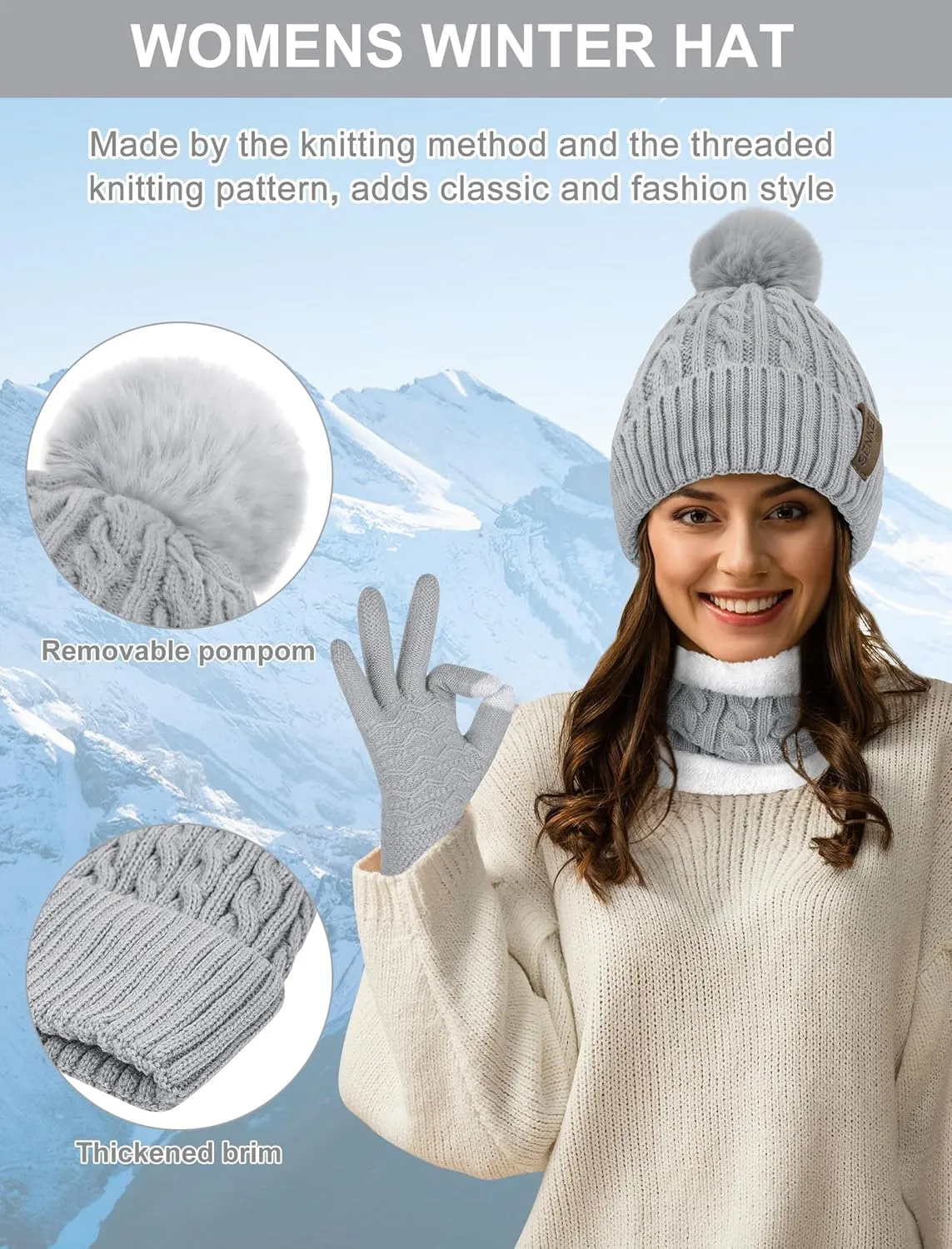 3Pcs Winter Beanie Hat Scarf Gloves Set for Women Thick Warm Knit Fleece Lined Skull Cap Neck Warmer Touch Screen Gloves