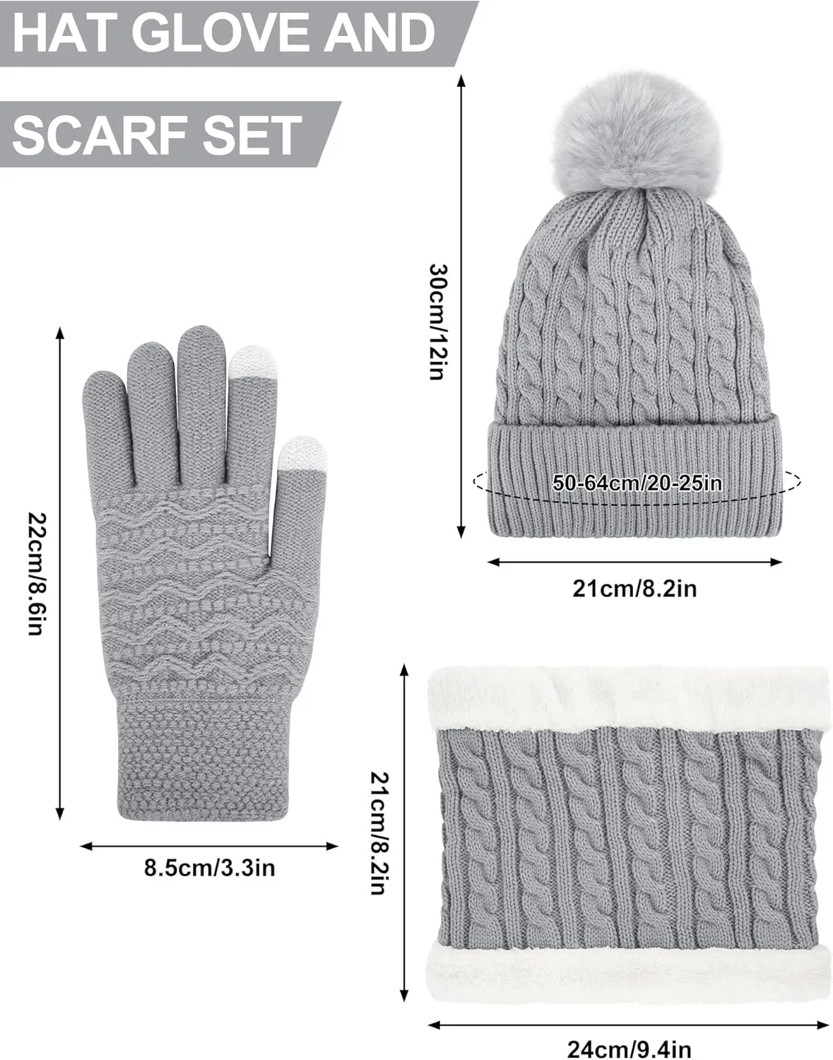 3Pcs Winter Beanie Hat Scarf Gloves Set for Women Thick Warm Knit Fleece Lined Skull Cap Neck Warmer Touch Screen Gloves