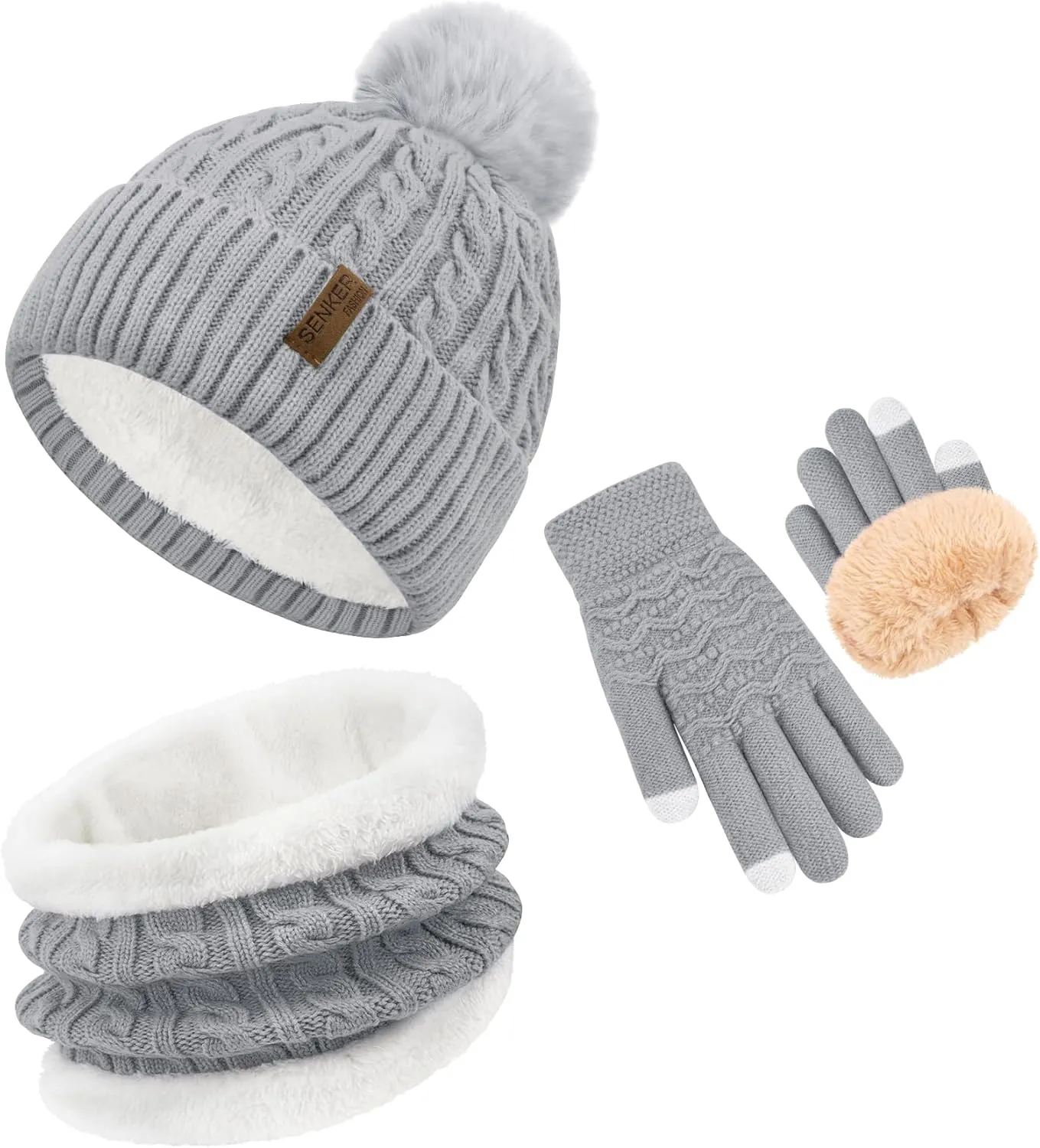 3Pcs Winter Beanie Hat Scarf Gloves Set for Women Thick Warm Knit Fleece Lined Skull Cap Neck Warmer Touch Screen Gloves