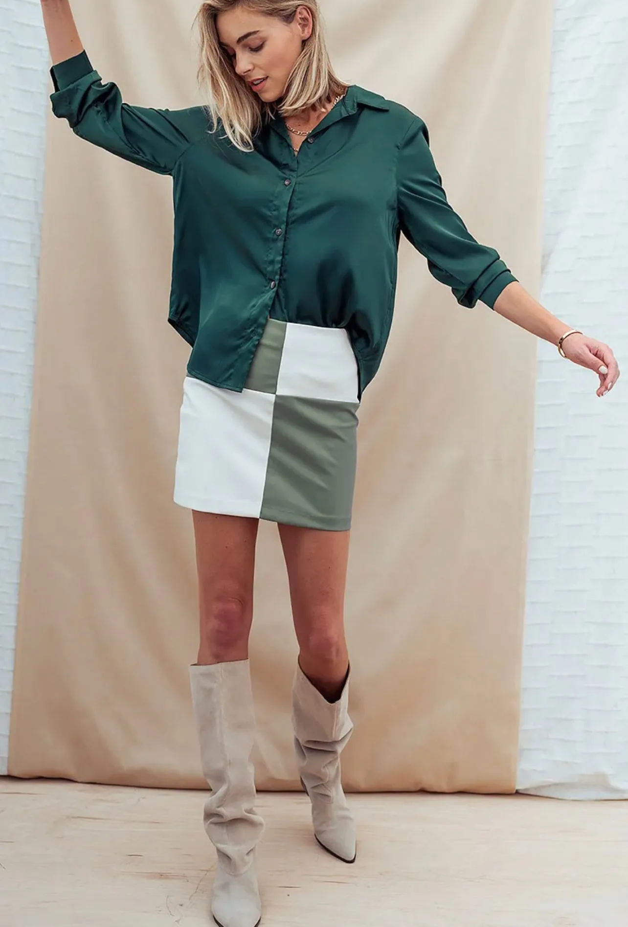 Across The Board Colorblock Leather Mini Skirt in Olive