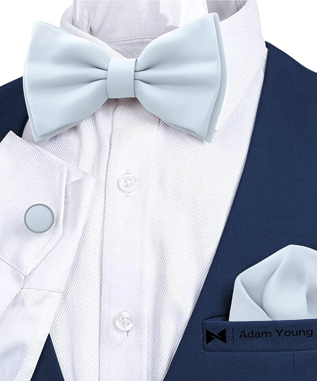 Adam Young Men's Bow Ties with Handkerchief & Cufflinks Pre-Tied Style Formal Satin Classic Bowtie for Tuxedo Faux Silk