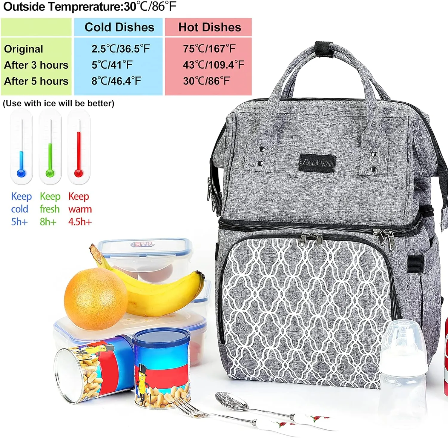 AmHoo Insulated Lunch Box Cooler Backpack Waterproof Leak-proof Lunch Bag Tote For Men Women Hiking Beach Picnic Trip with Strongest YKK Zipper Gray