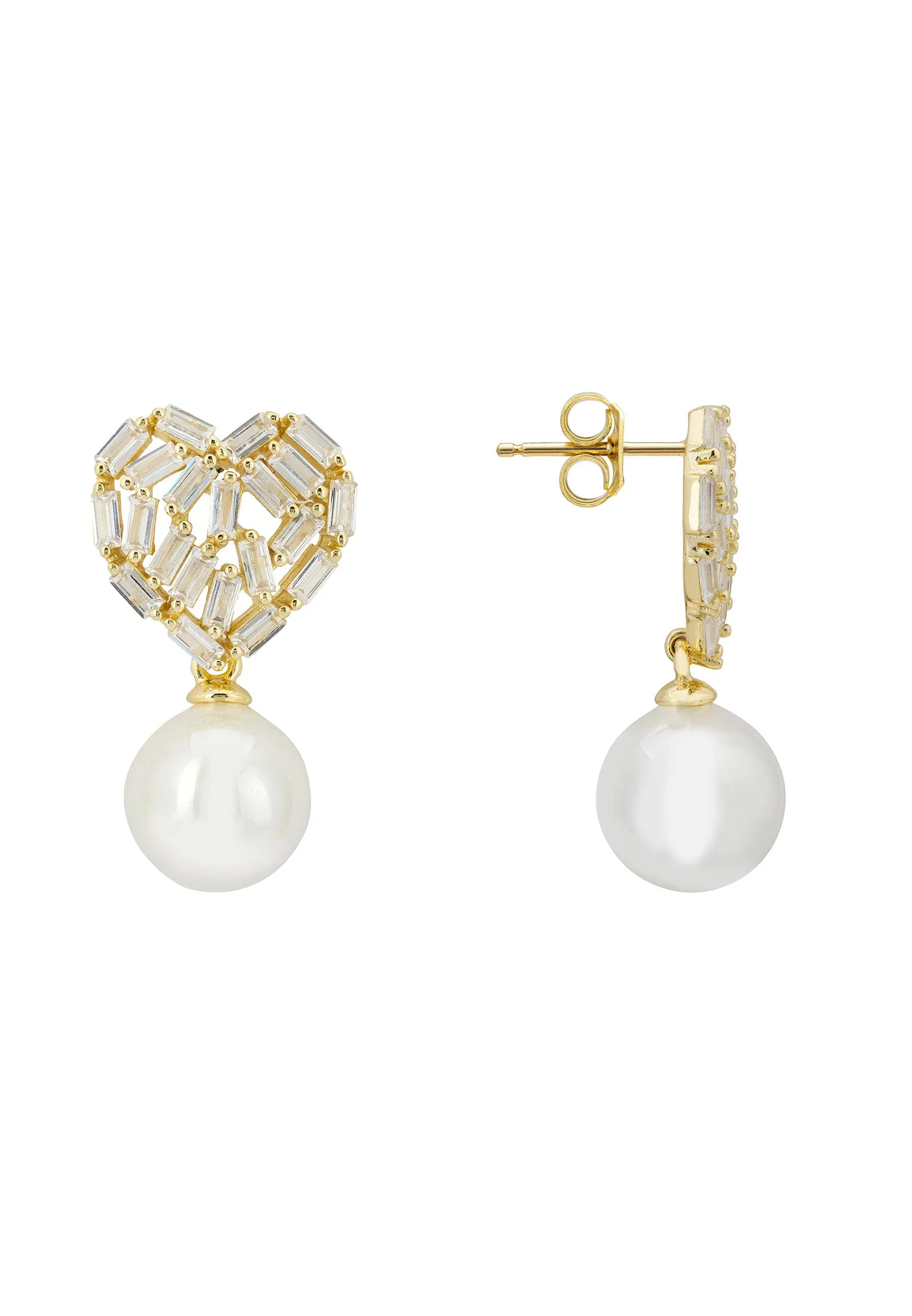 Baguette Heart Classic Pearl Drop Earrings Gold