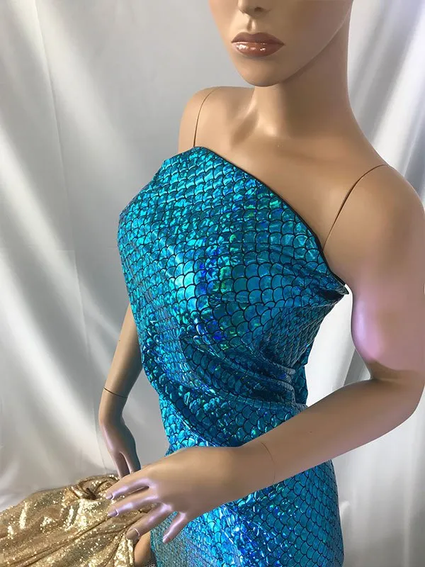 Blue Mermaid Fabric Fish Tail Scale Sparkle Hologram Spandex Fabric By The Yard