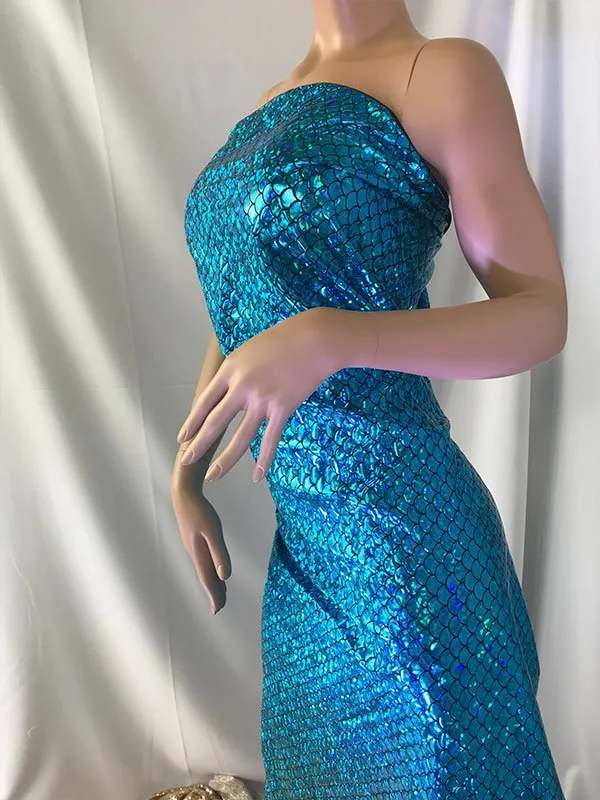 Blue Mermaid Fabric Fish Tail Scale Sparkle Hologram Spandex Fabric By The Yard