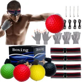 Boxing Reflex Ball Headband Set for MMA Boxing Kickboxing Training Reaction Punching Balls Kit Includes 4 PU Balls 4 Elastic Headbands 4 Spare Lines 4 Gloves for All People