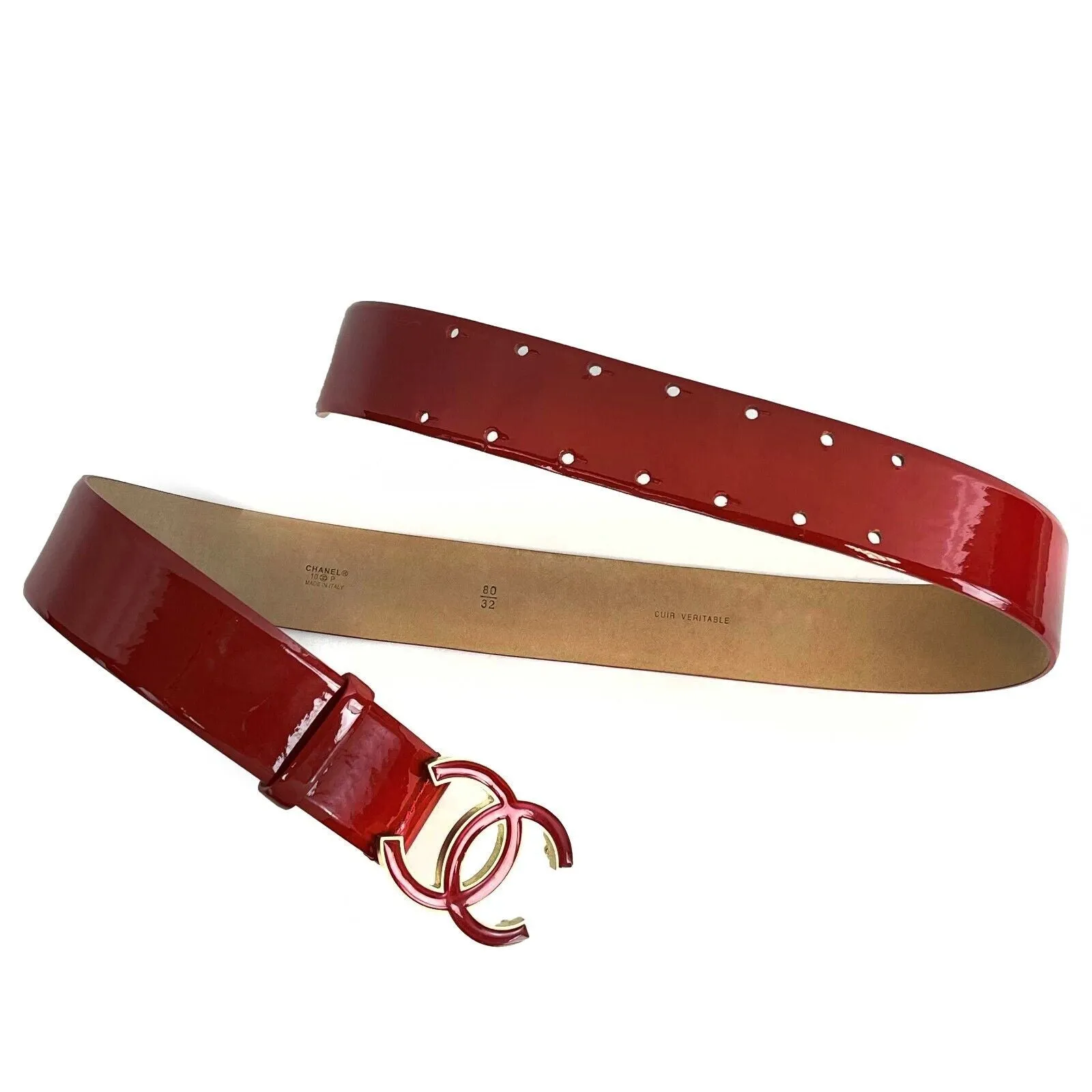 CHANEL - CC Red Patent Leather Belt - Red / Gold - Size 80 - 32