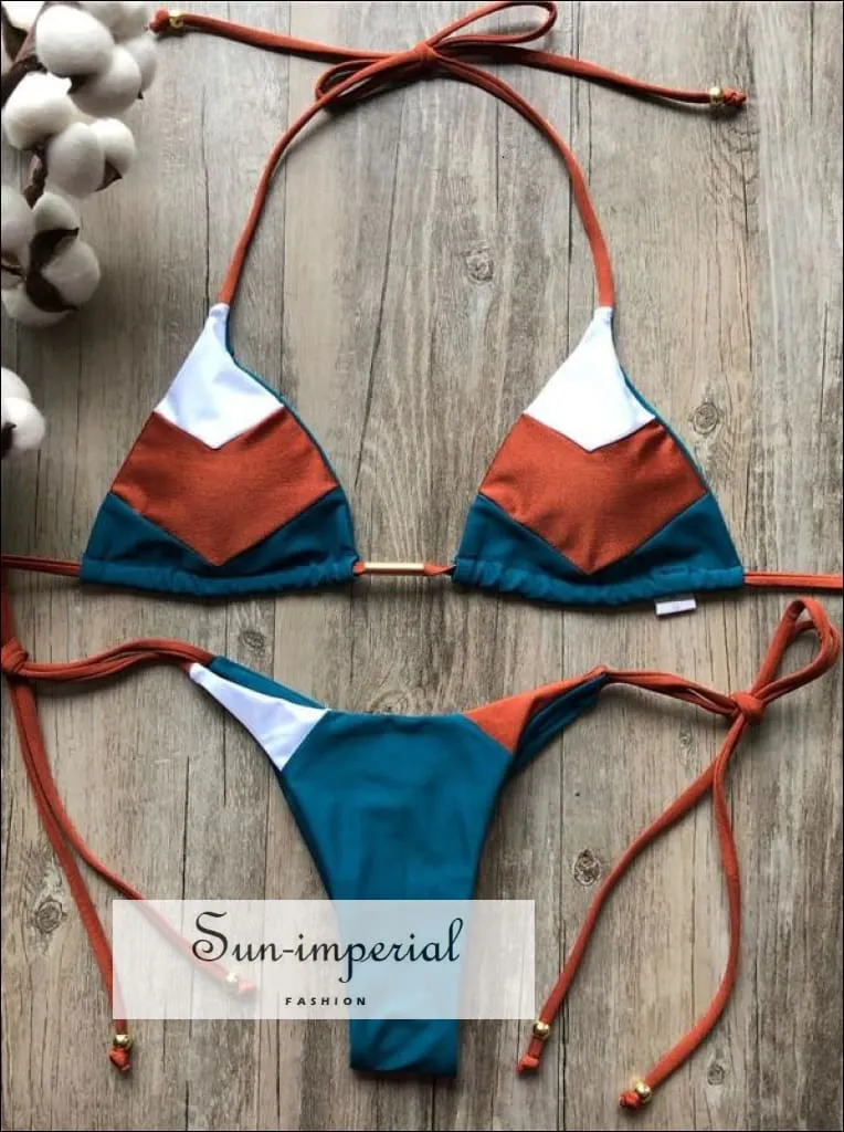 Color Block Hot Pink Camel Navy Bikini Set Women’s Swimming Suit Halter Drawstring Bathing Suit