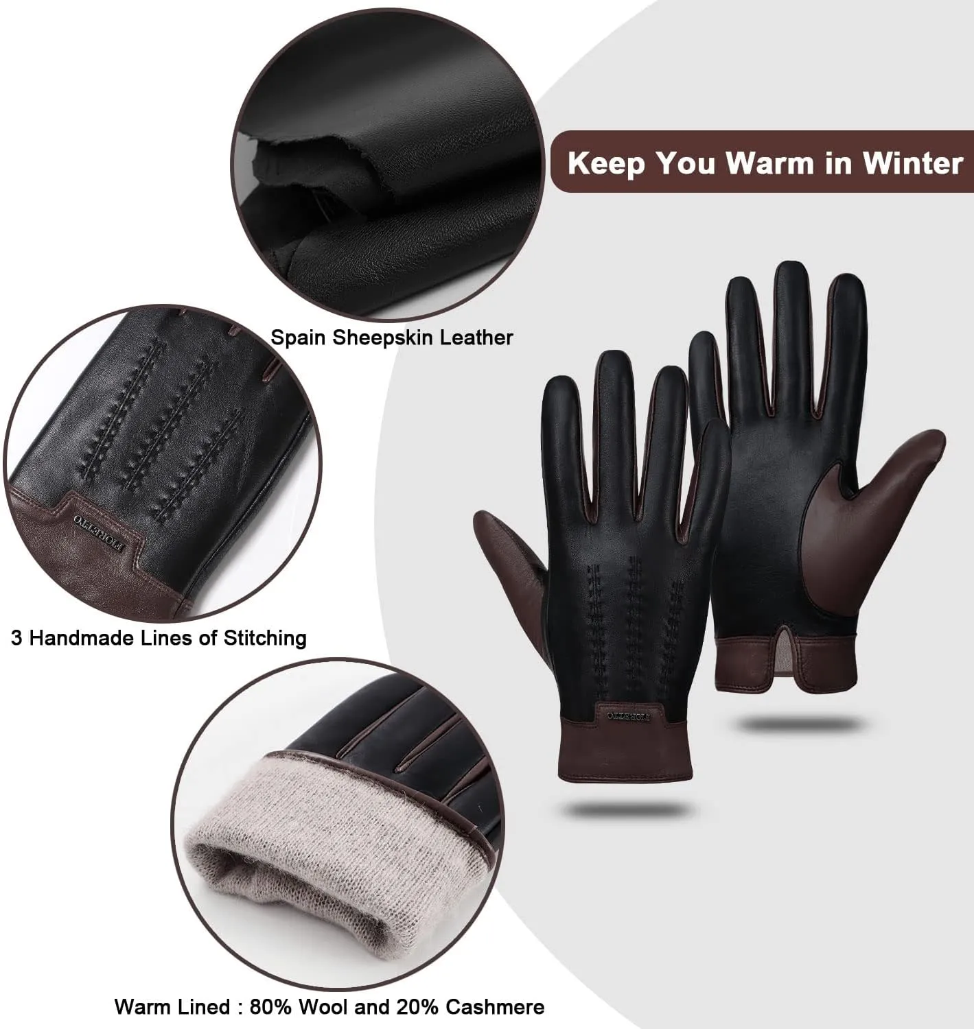 FIORETTO Mens Winter Genuine Leather Gloves Cashmere and Wool Lined Warm Touchscreen Leather Driving Gloves M180807