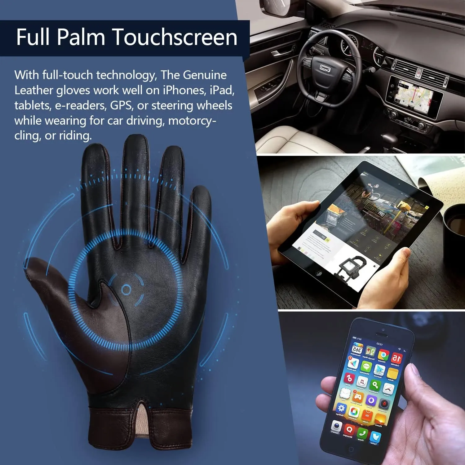 FIORETTO Mens Winter Genuine Leather Gloves Cashmere and Wool Lined Warm Touchscreen Leather Driving Gloves M180807