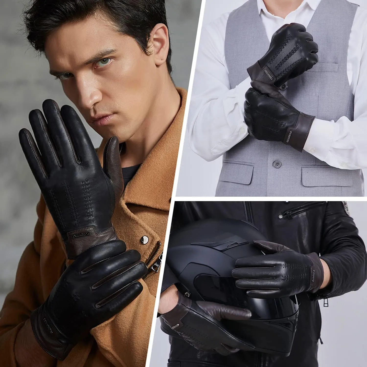 FIORETTO Mens Winter Genuine Leather Gloves Cashmere and Wool Lined Warm Touchscreen Leather Driving Gloves M180807