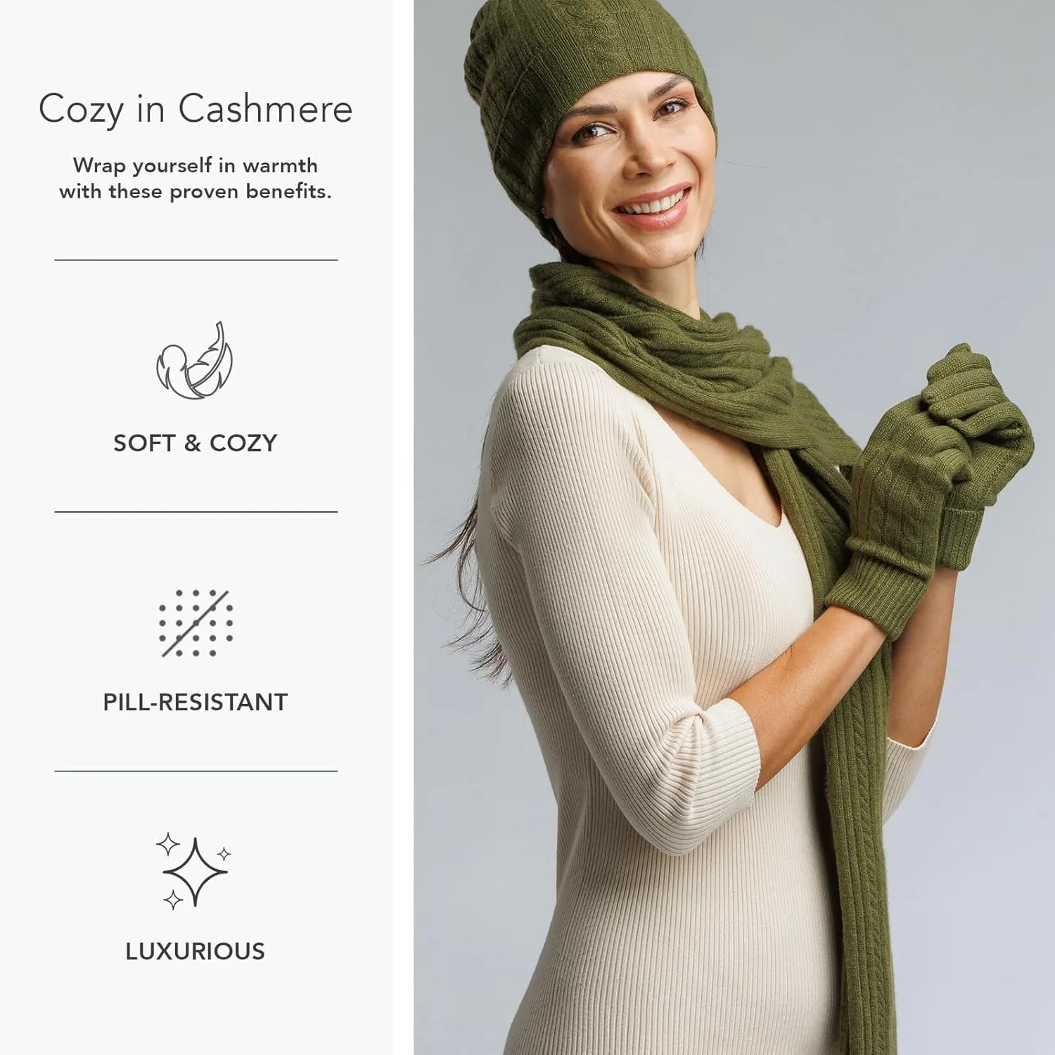 Fishers Finery Women's Pure Cashmere Cable Knit Hat Glove Scarf Set with Gift Box