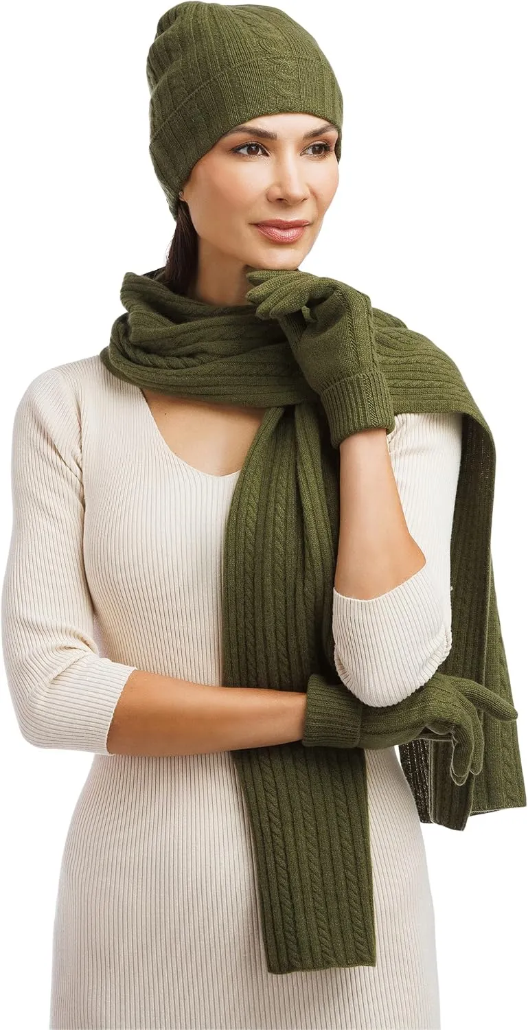 Fishers Finery Women's Pure Cashmere Cable Knit Hat Glove Scarf Set with Gift Box