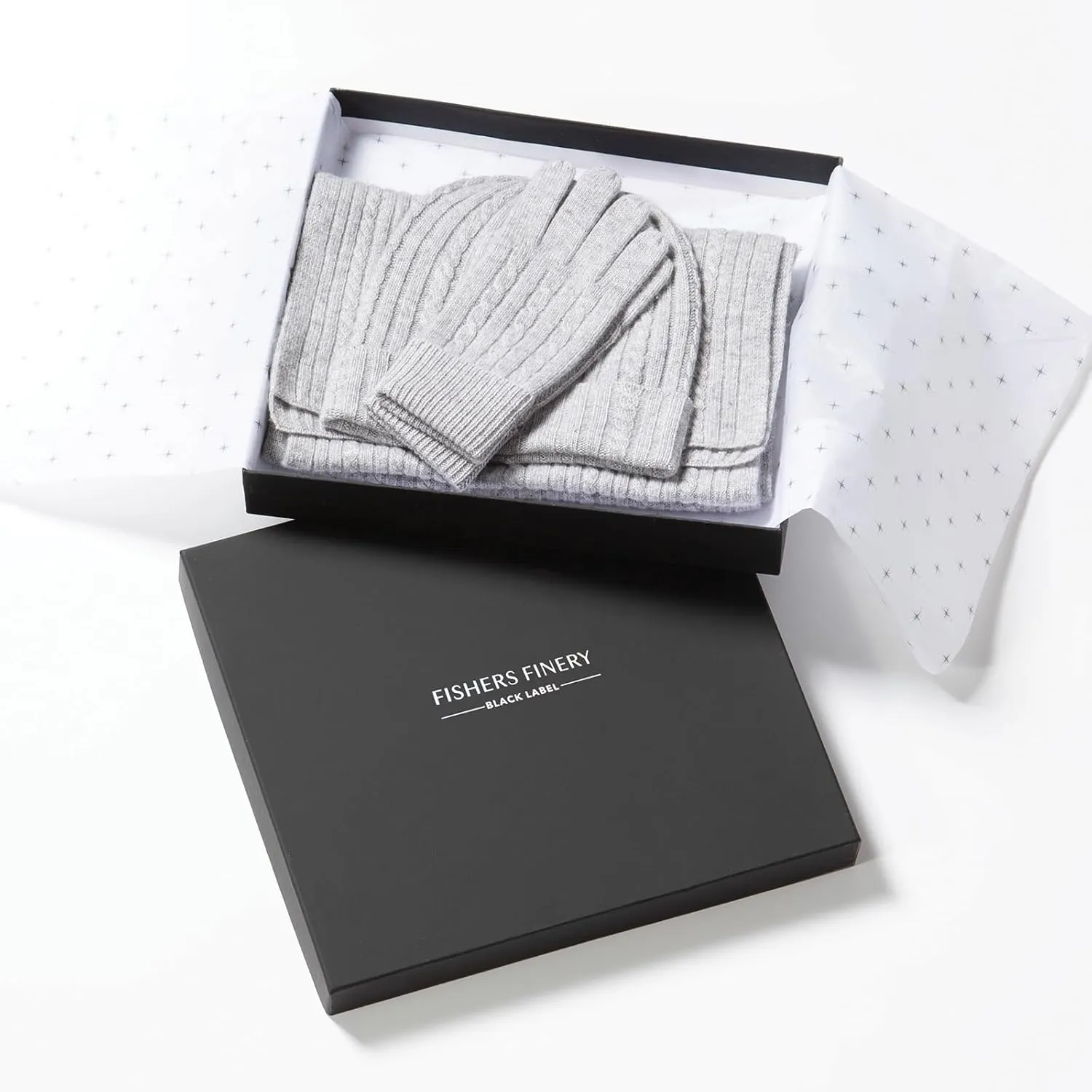 Fishers Finery Women's Pure Cashmere Cable Knit Hat Glove Scarf Set with Gift Box