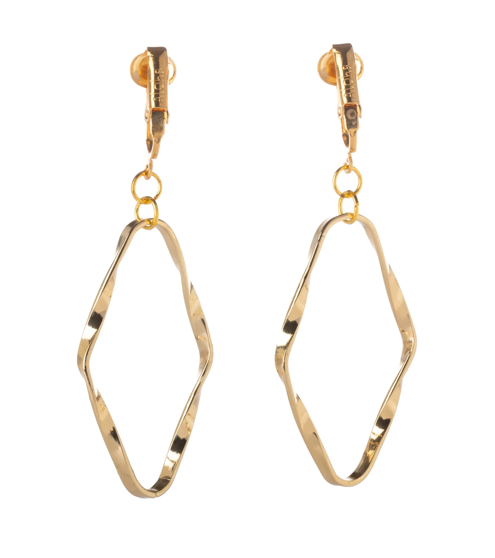 Gold Sculpted Oval Clip On Dangling Earrings