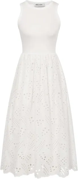 GRACE KARIN Women's Summer Sleeveless Tank Dress A Line Midi Dress Eyelet Crewneck Casual Holiday Dress with Pockets