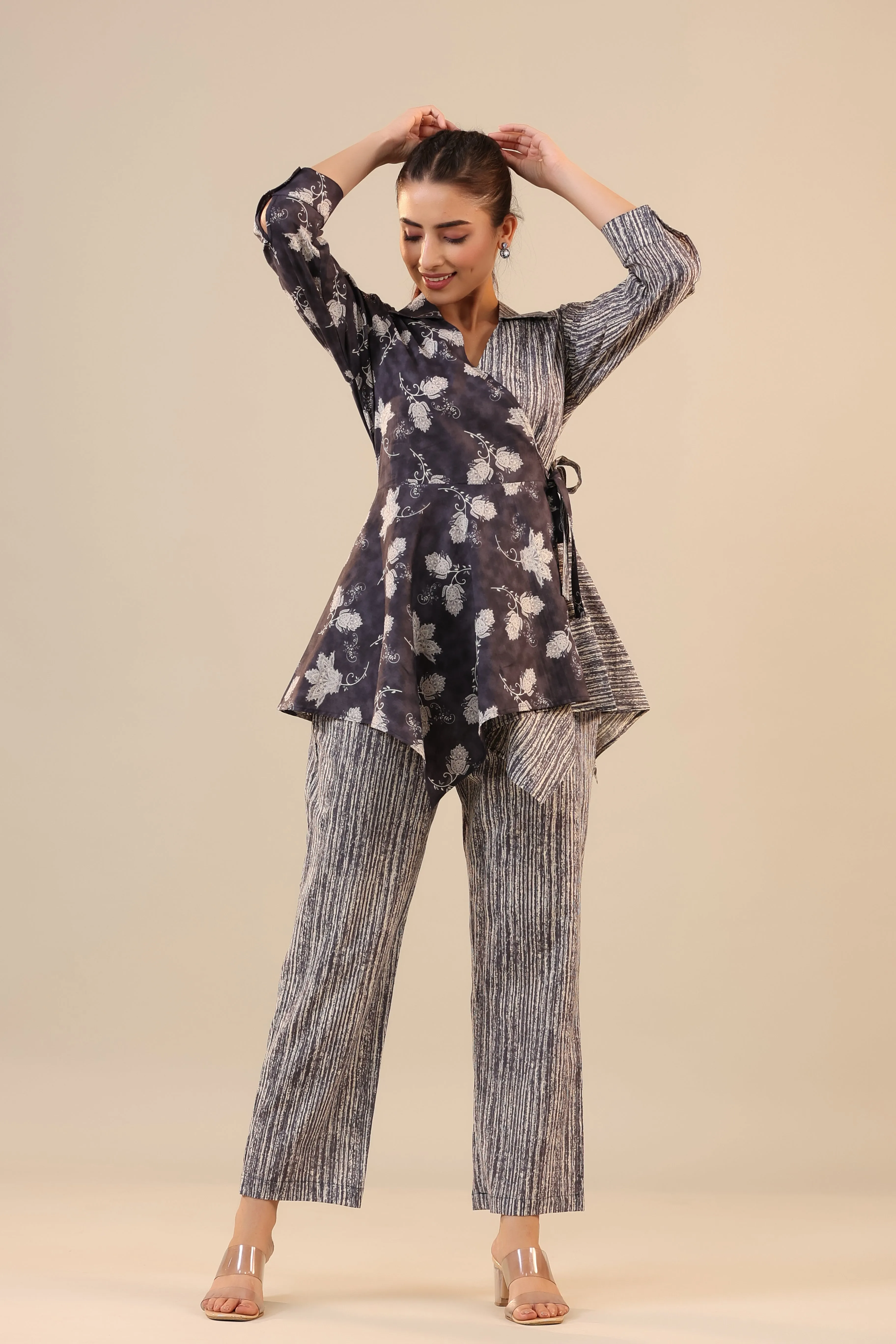 Grey Batik with Stripes on Knot Cotton Loungewear Set
