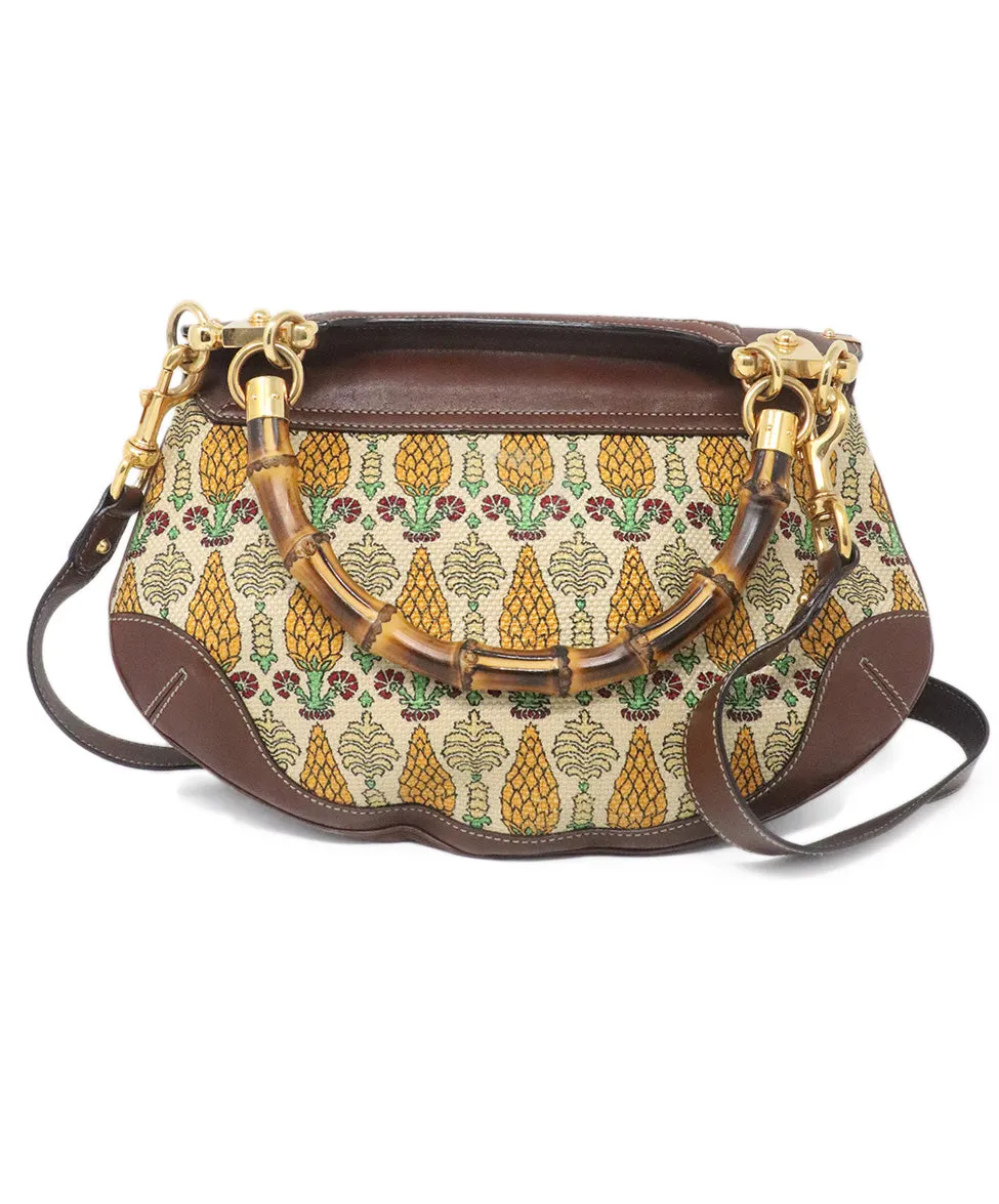 Gucci Brown & Tan Canvas Print Satchel w/ Bamboo Details