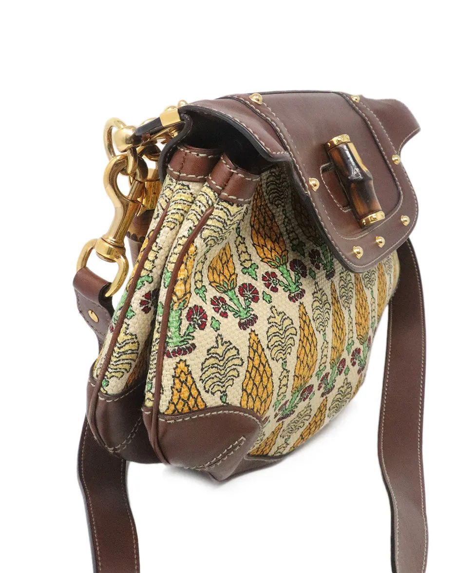 Gucci Brown & Tan Canvas Print Satchel w/ Bamboo Details