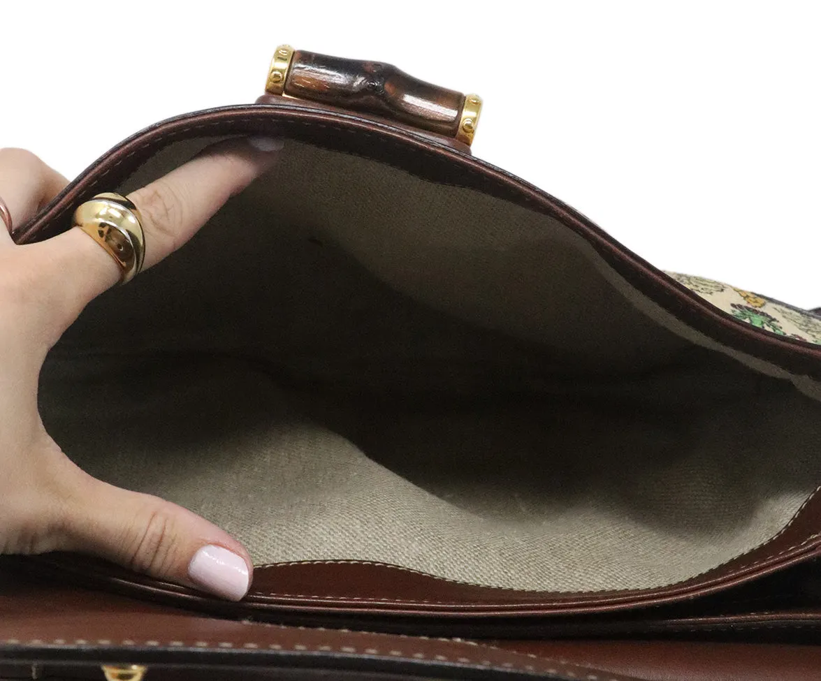 Gucci Brown & Tan Canvas Print Satchel w/ Bamboo Details