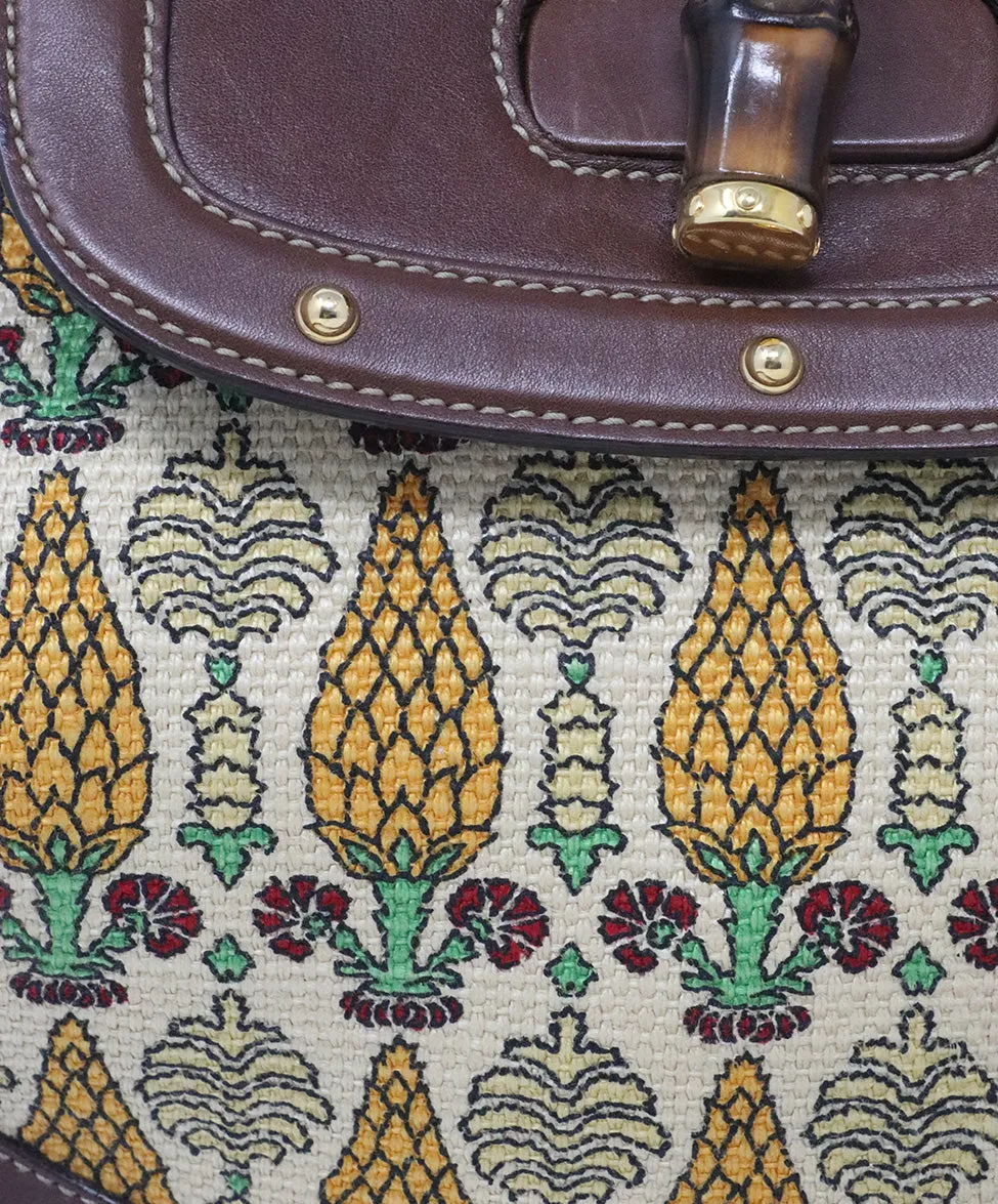 Gucci Brown & Tan Canvas Print Satchel w/ Bamboo Details