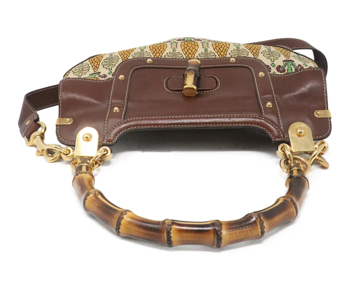 Gucci Brown & Tan Canvas Print Satchel w/ Bamboo Details