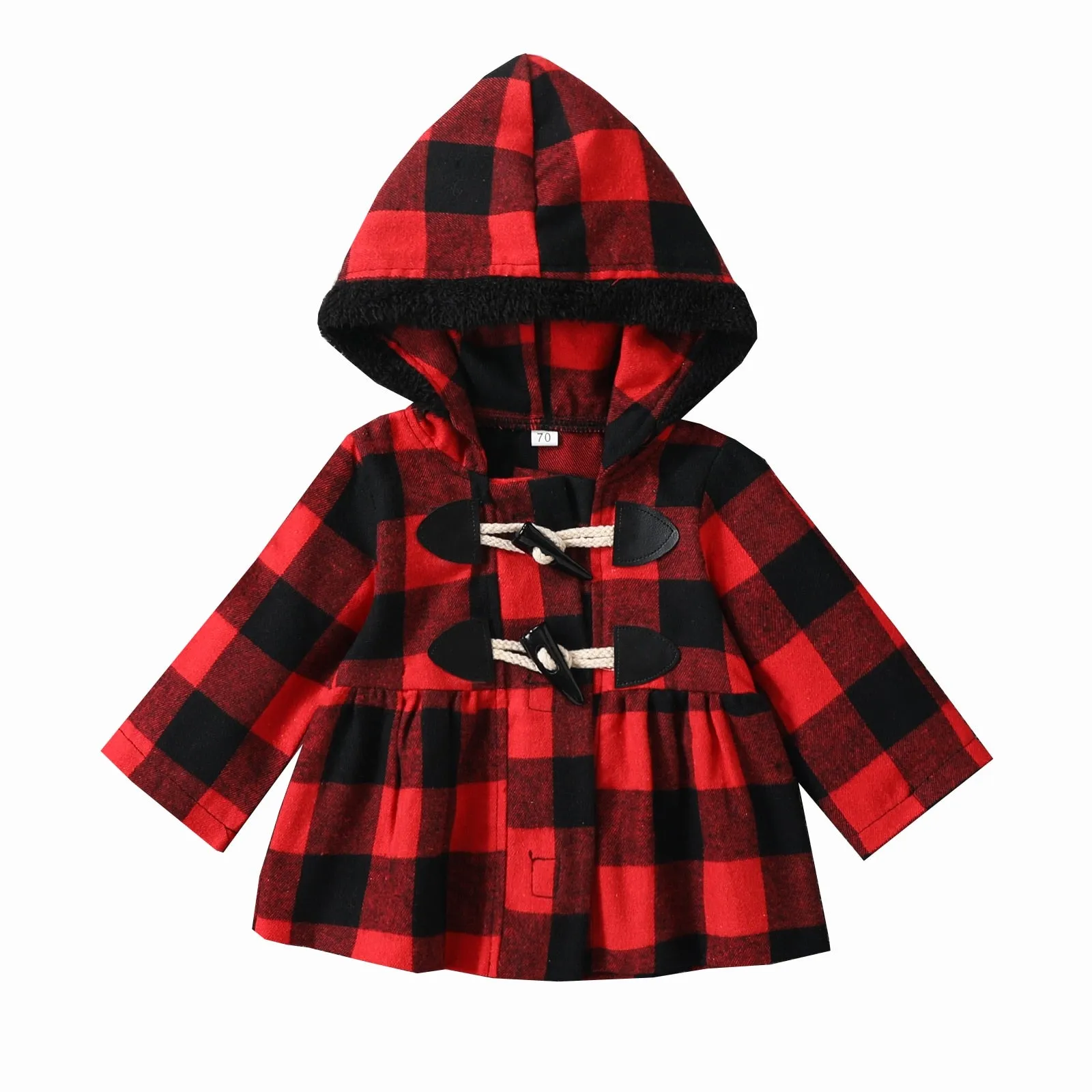 Hooded Plaid Long Sleeve Coat, 12m-4T