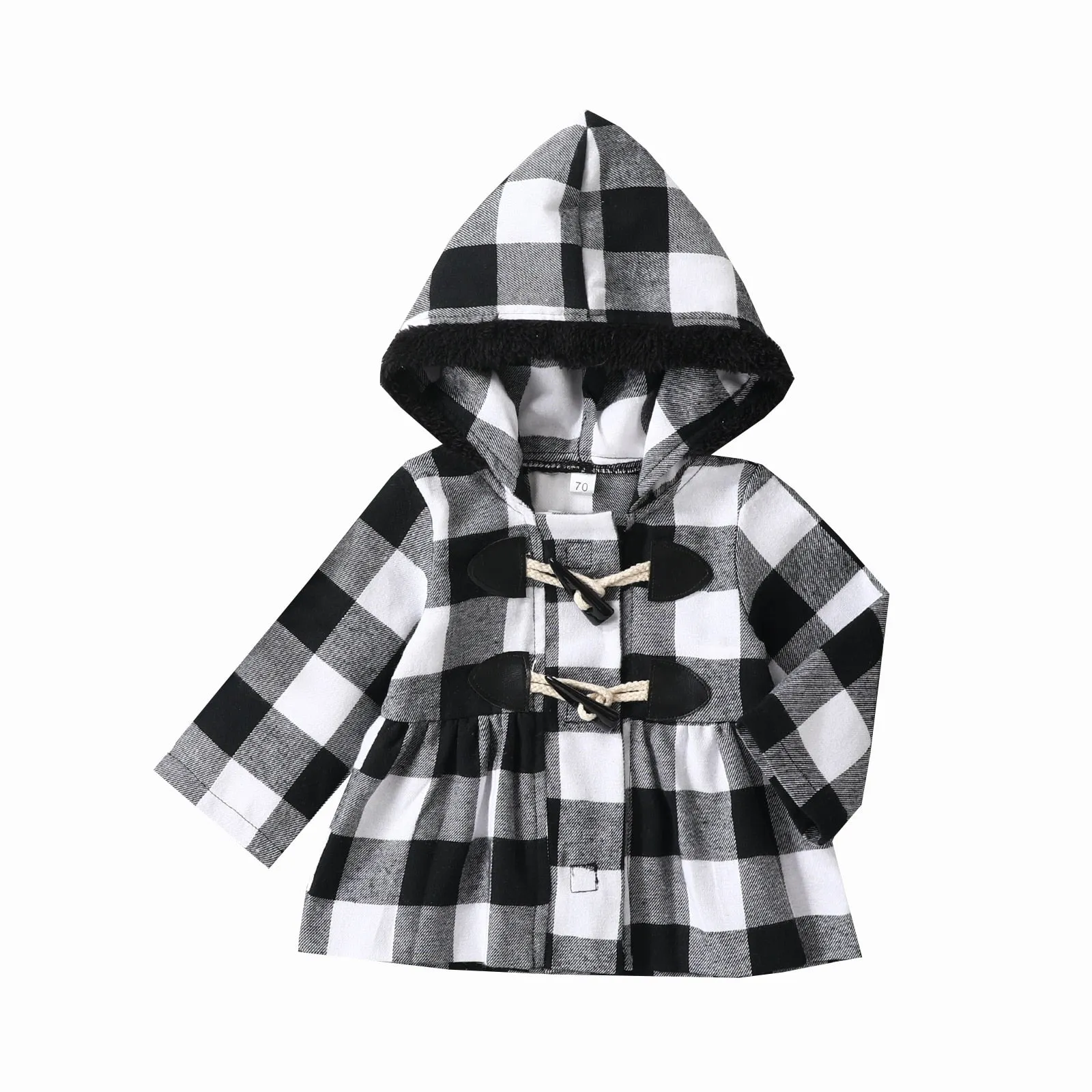 Hooded Plaid Long Sleeve Coat, 12m-4T