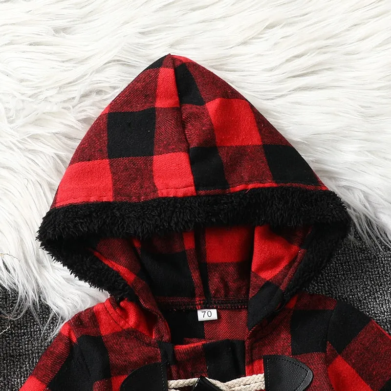 Hooded Plaid Long Sleeve Coat, 12m-4T