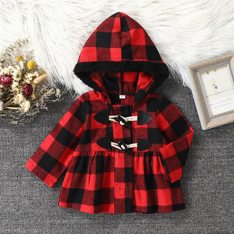 Hooded Plaid Long Sleeve Coat, 12m-4T