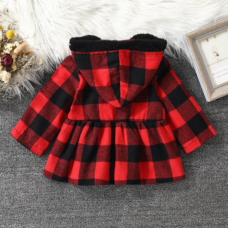 Hooded Plaid Long Sleeve Coat, 12m-4T