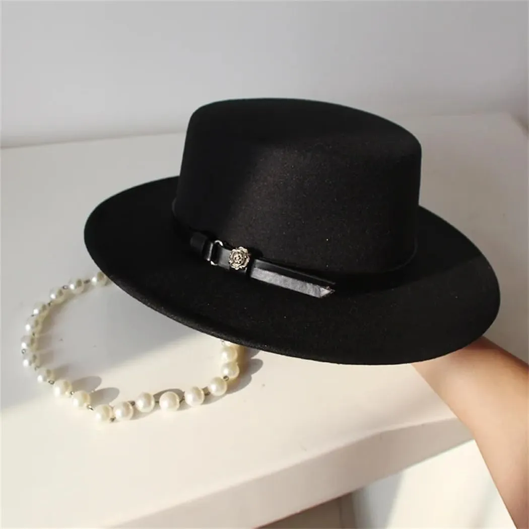 Ladies Wool Fedoras Flat Top Cap Unisex French Elegant Hat Jazz Cap Wide Brim Fedoras Flat