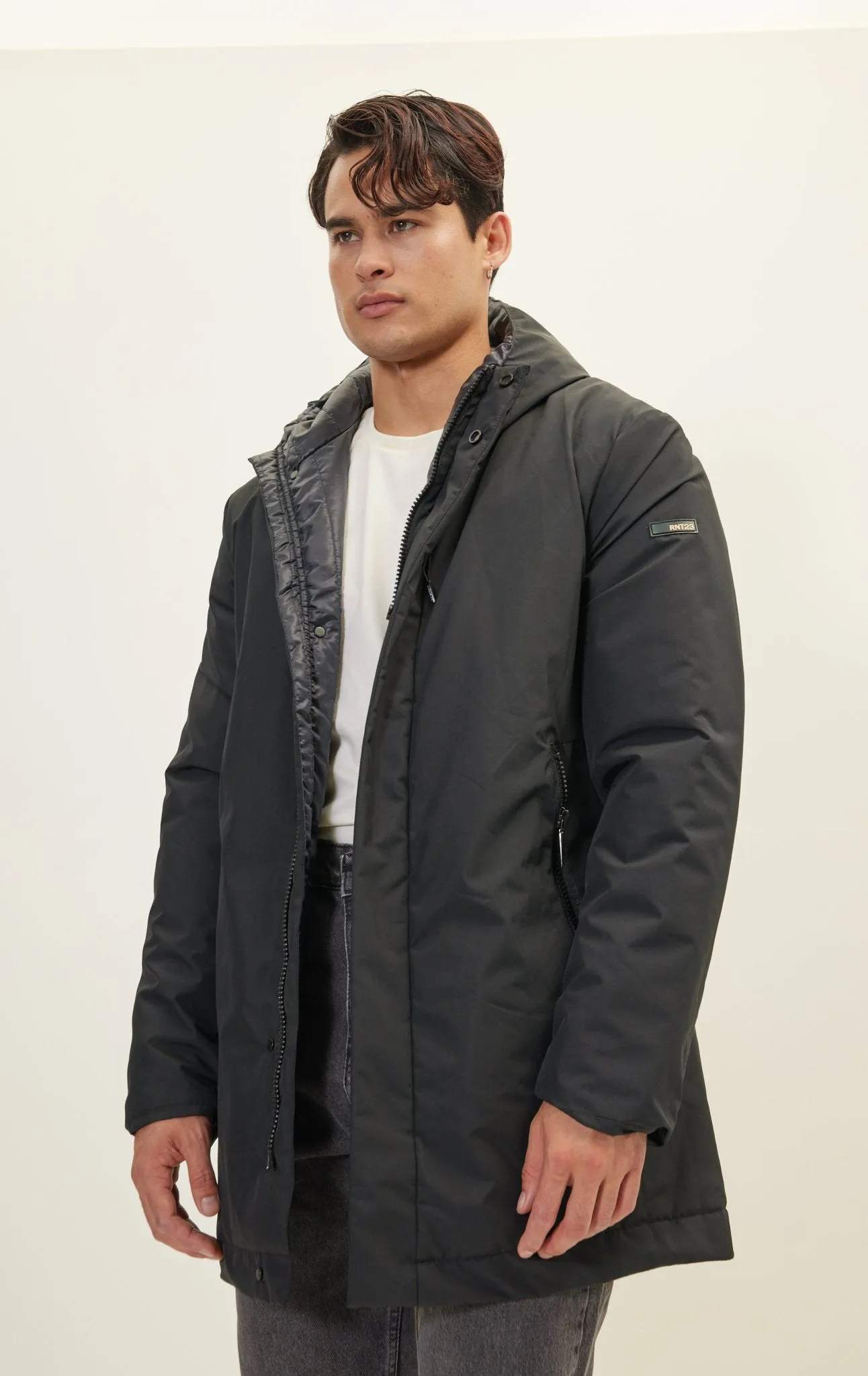 Magnet And Zipper Closer Padded Coat - Black