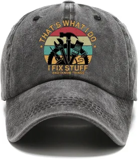 Pishavi That's What I Do I FIx Stuff Distressed Washed Black Baseball Cap, Vintage Adjustable Cotton Cap, Funny Hat Gifts for Men Women, Retirement Gifts for Dad Grandpa Husband Repairs Lovers