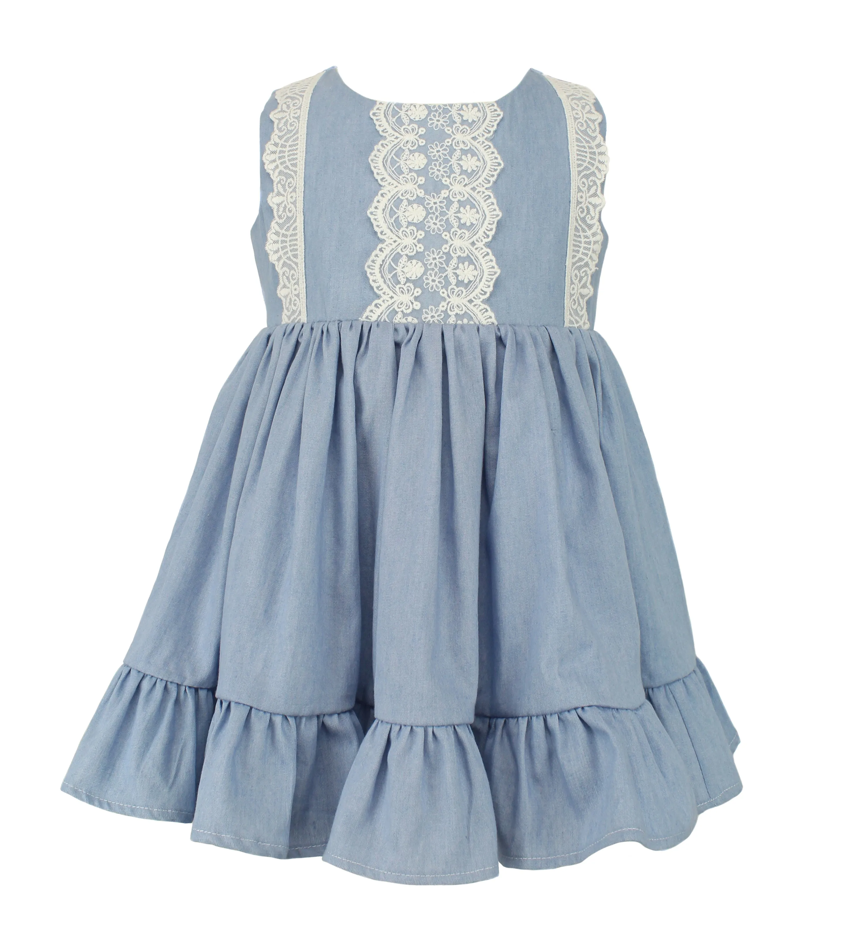 Popatu Little Girls Blue Chambray Lace Dress