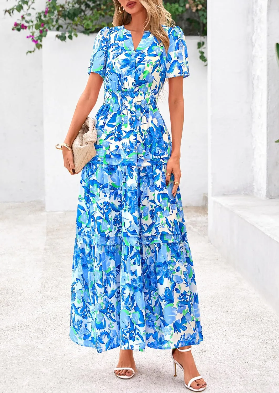 PRETTYGARDEN Women's 2025 Summer Boho Maxi Dresses Floral Short Sleeve V Neck A Line Tiered Flowy Long Beach Vacation Dress