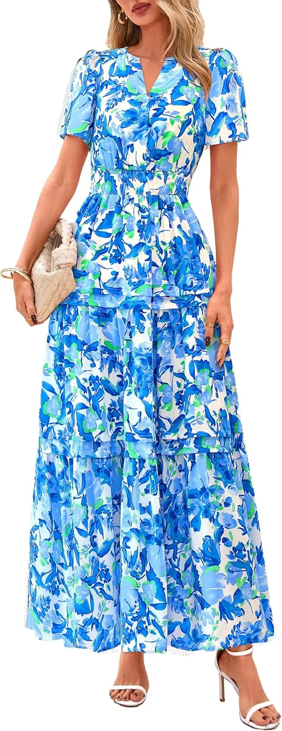 PRETTYGARDEN Women's 2025 Summer Boho Maxi Dresses Floral Short Sleeve V Neck A Line Tiered Flowy Long Beach Vacation Dress