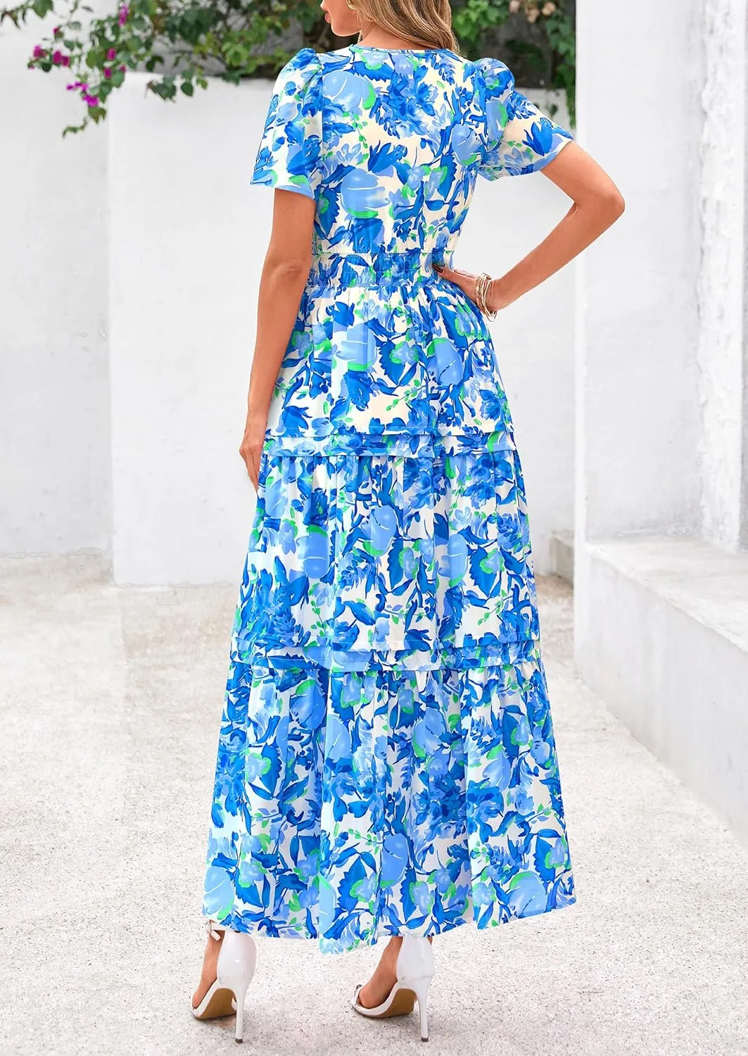 PRETTYGARDEN Women's 2025 Summer Boho Maxi Dresses Floral Short Sleeve V Neck A Line Tiered Flowy Long Beach Vacation Dress