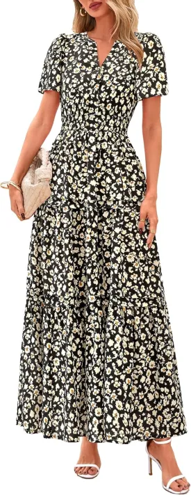 PRETTYGARDEN Women's 2025 Summer Boho Maxi Dresses Floral Short Sleeve V Neck A Line Tiered Flowy Long Beach Vacation Dress