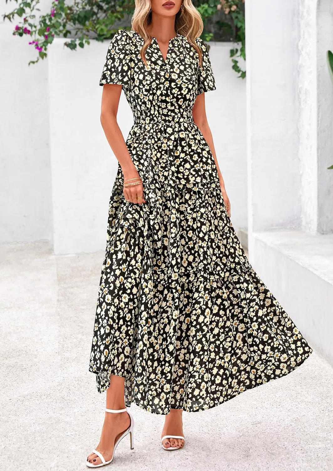 PRETTYGARDEN Women's 2025 Summer Boho Maxi Dresses Floral Short Sleeve V Neck A Line Tiered Flowy Long Beach Vacation Dress