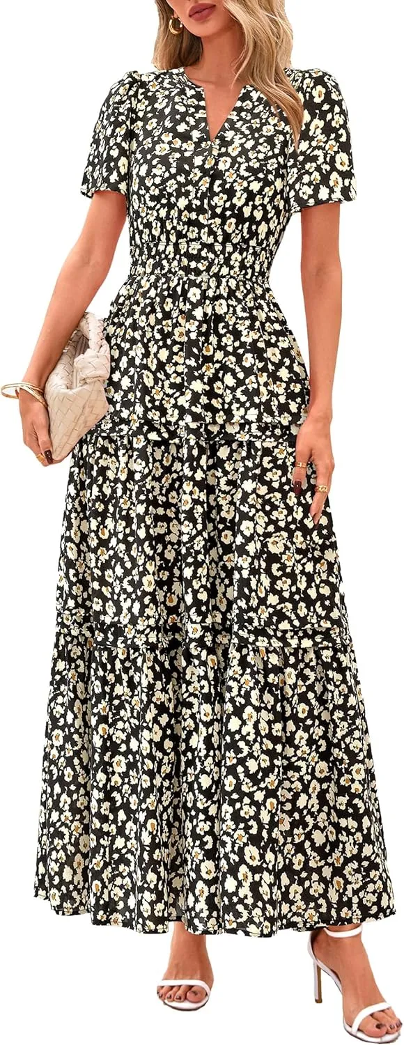 PRETTYGARDEN Women's 2025 Summer Boho Maxi Dresses Floral Short Sleeve V Neck A Line Tiered Flowy Long Beach Vacation Dress