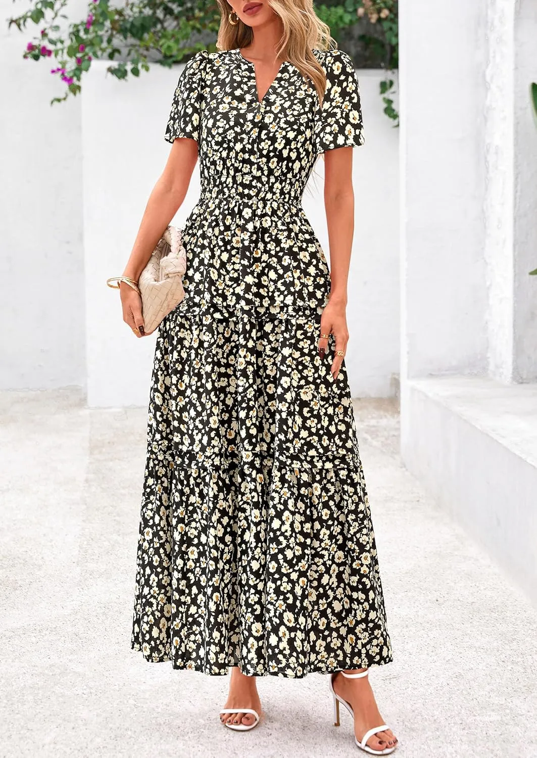 PRETTYGARDEN Women's 2025 Summer Boho Maxi Dresses Floral Short Sleeve V Neck A Line Tiered Flowy Long Beach Vacation Dress