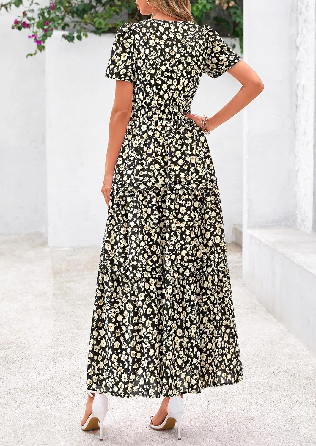 PRETTYGARDEN Women's 2025 Summer Boho Maxi Dresses Floral Short Sleeve V Neck A Line Tiered Flowy Long Beach Vacation Dress