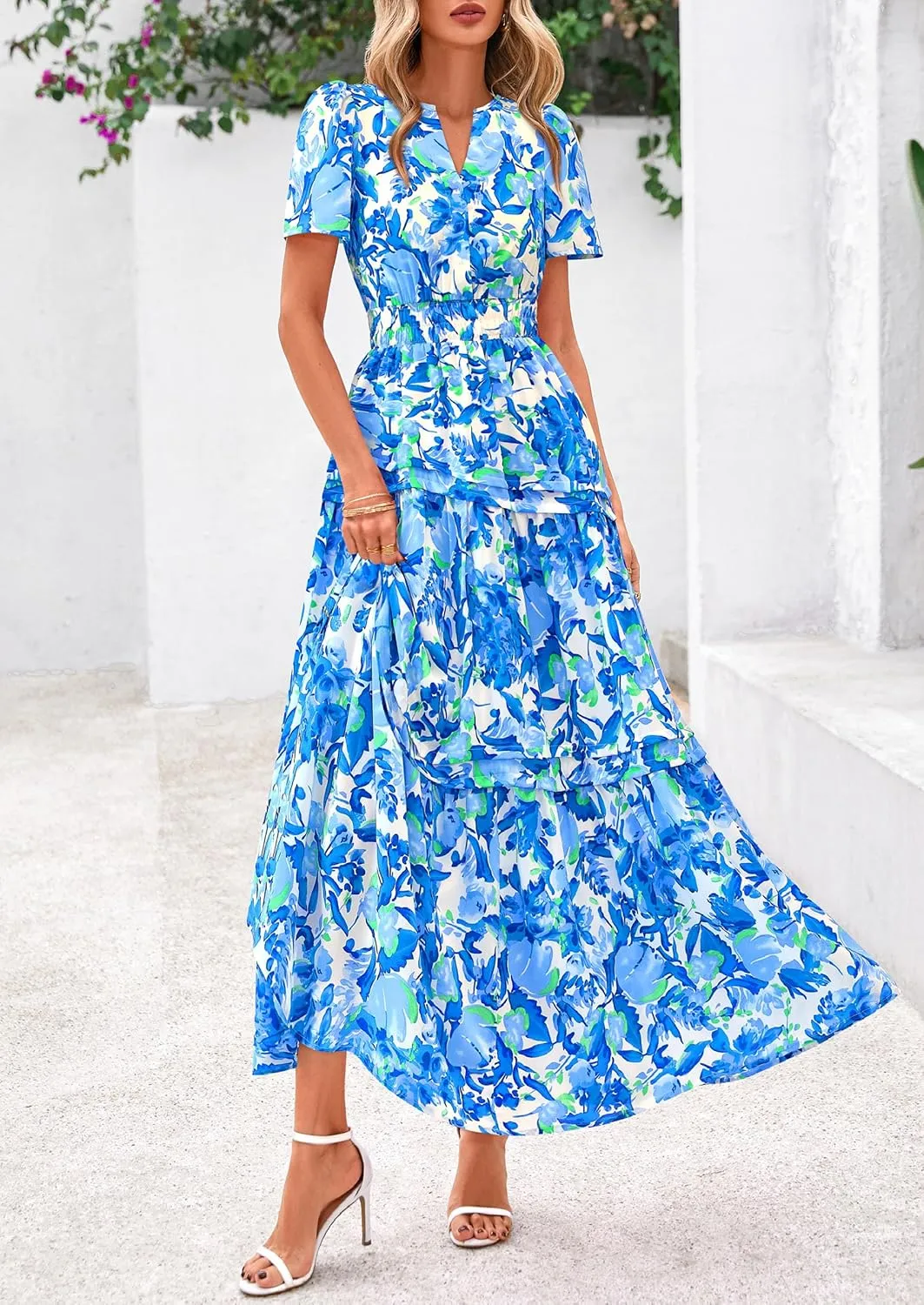 PRETTYGARDEN Women's 2025 Summer Boho Maxi Dresses Floral Short Sleeve V Neck A Line Tiered Flowy Long Beach Vacation Dress
