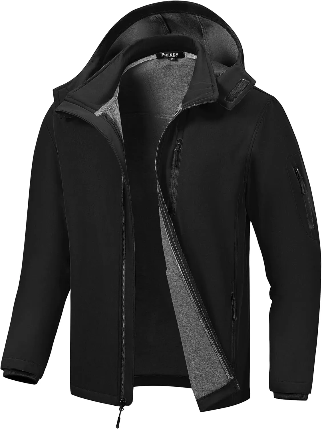Pursky Men's Softshell Jacket Waterproof Fleece Lined Windbreaker With Removable Hood Lightweight Tactical Jacket