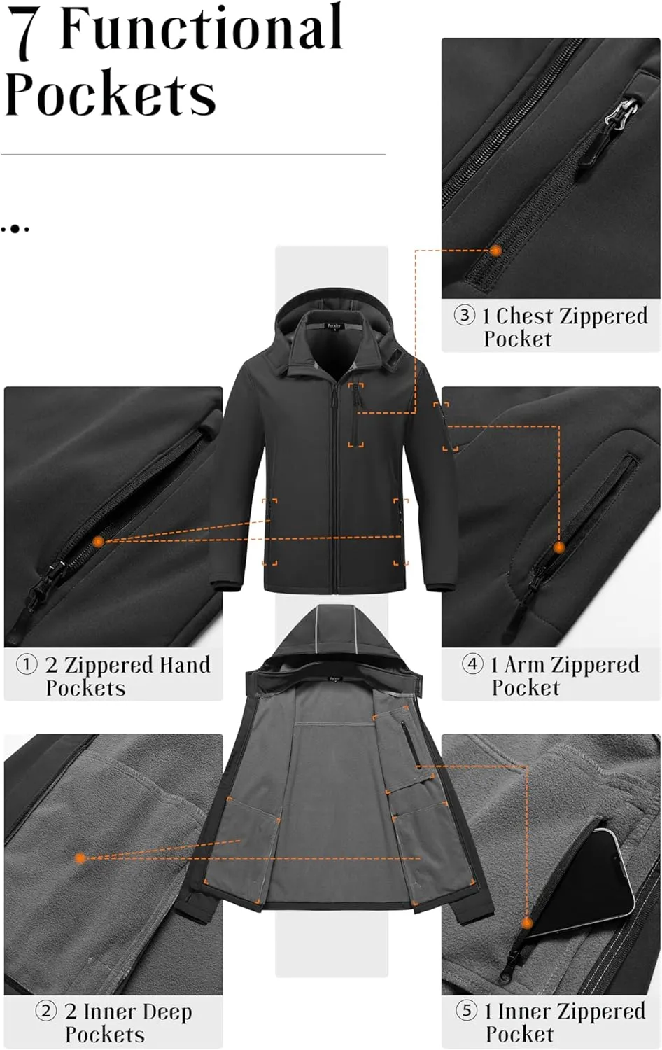 Pursky Men's Softshell Jacket Waterproof Fleece Lined Windbreaker With Removable Hood Lightweight Tactical Jacket