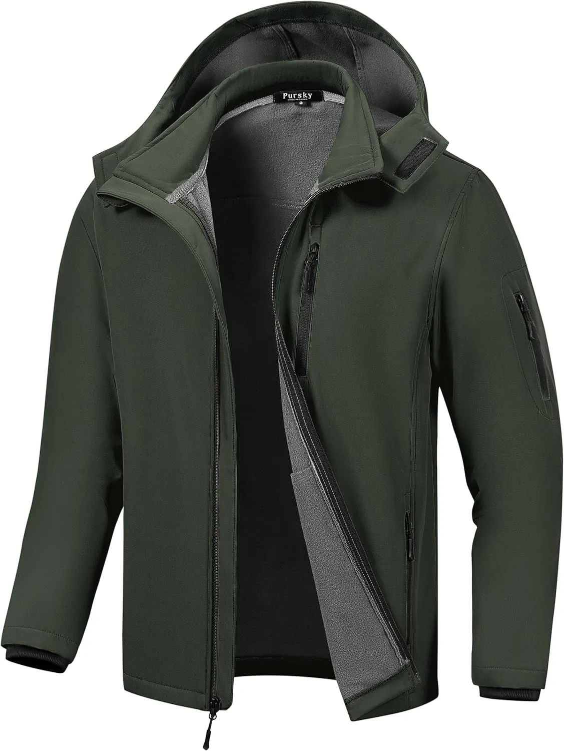 Pursky Men's Softshell Jacket Waterproof Fleece Lined Windbreaker With Removable Hood Lightweight Tactical Jacket