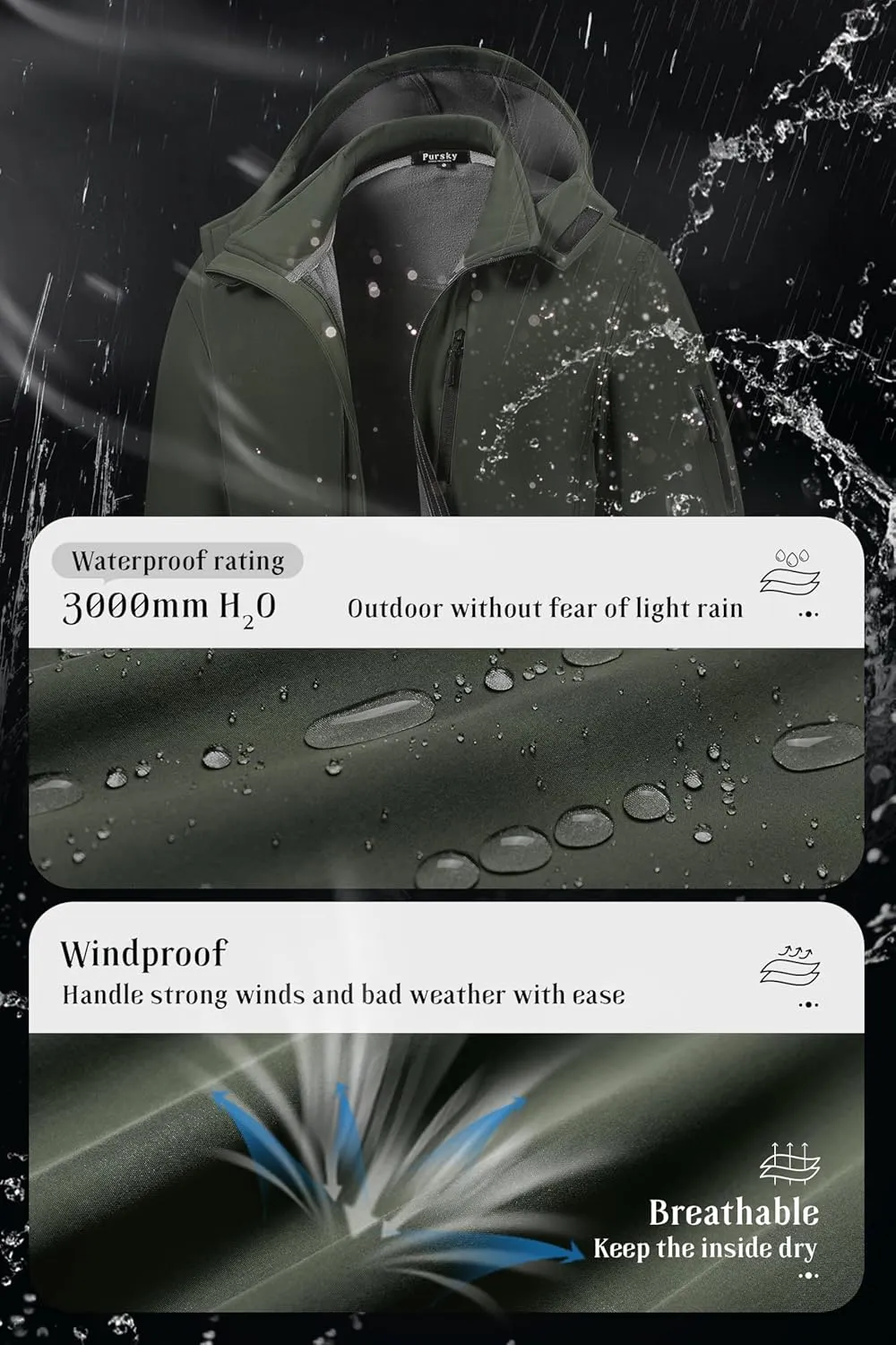 Pursky Men's Softshell Jacket Waterproof Fleece Lined Windbreaker With Removable Hood Lightweight Tactical Jacket