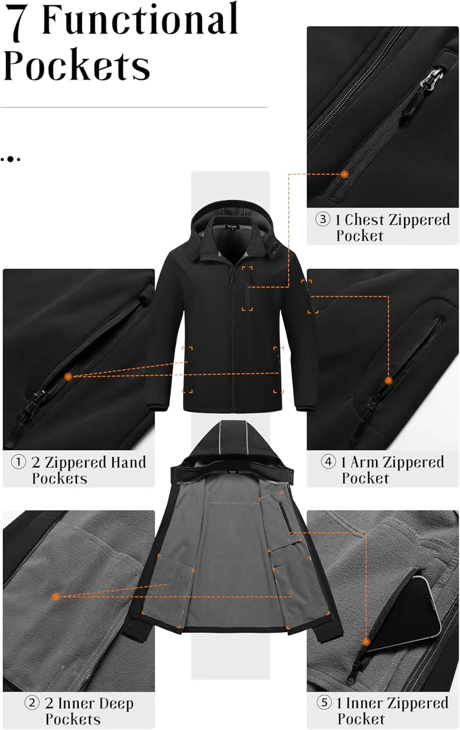 Pursky Men's Softshell Jacket Waterproof Fleece Lined Windbreaker With Removable Hood Lightweight Tactical Jacket