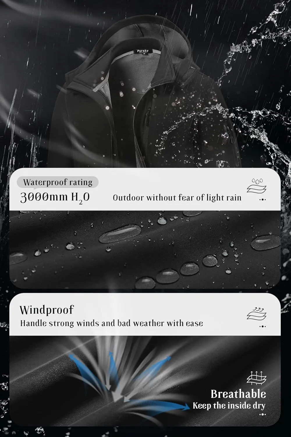 Pursky Men's Softshell Jacket Waterproof Fleece Lined Windbreaker With Removable Hood Lightweight Tactical Jacket